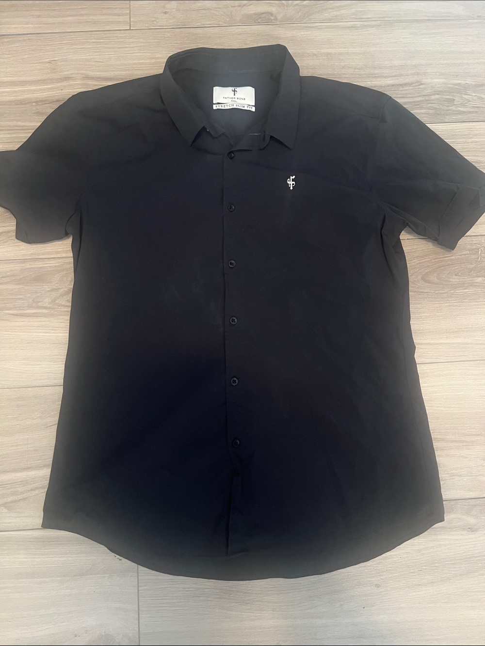 Men's Short-Sleeve Black Button-Down Shirt with Chest Emblem